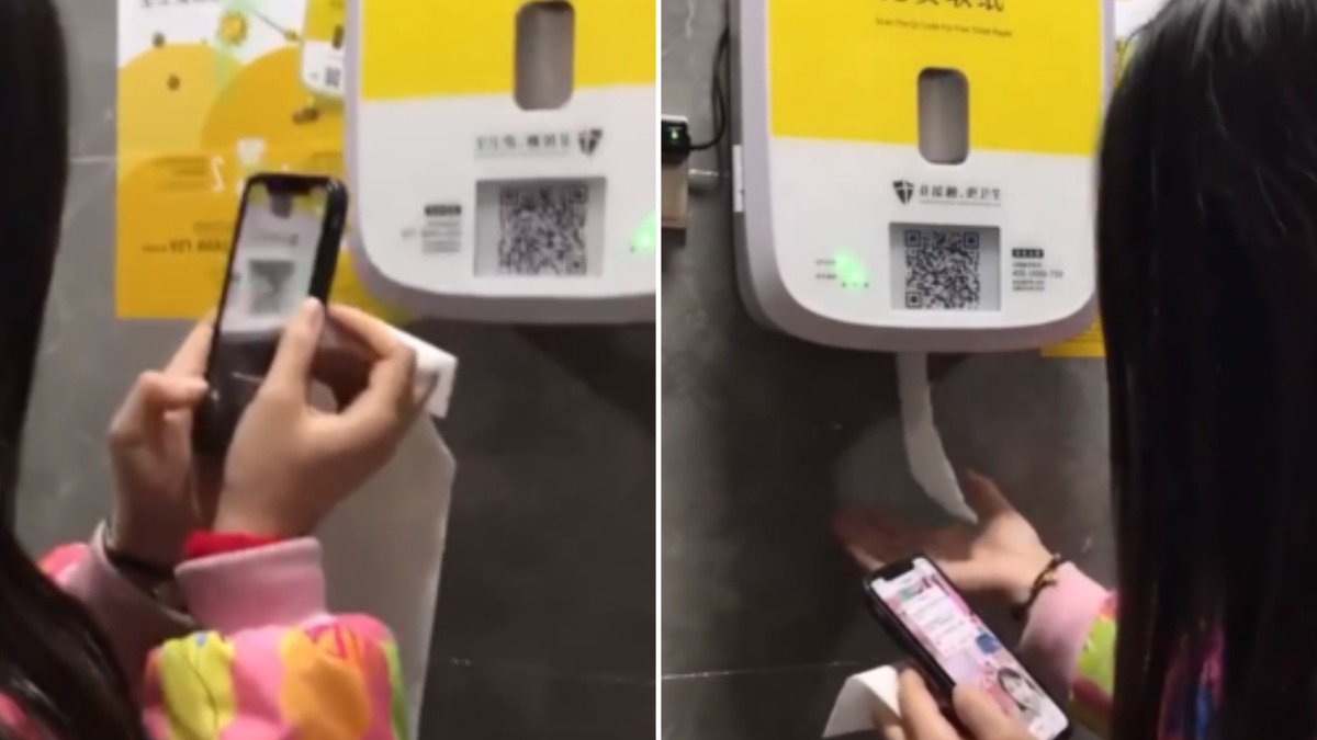 Nhà vệ sinh 'thông minh' của Trung Quốc bắt người dùng xem quảng cáo để lấy giấy vệ sinh- Ảnh 1. Máy phát giấy vệ sinh có màn hình quảng cáo