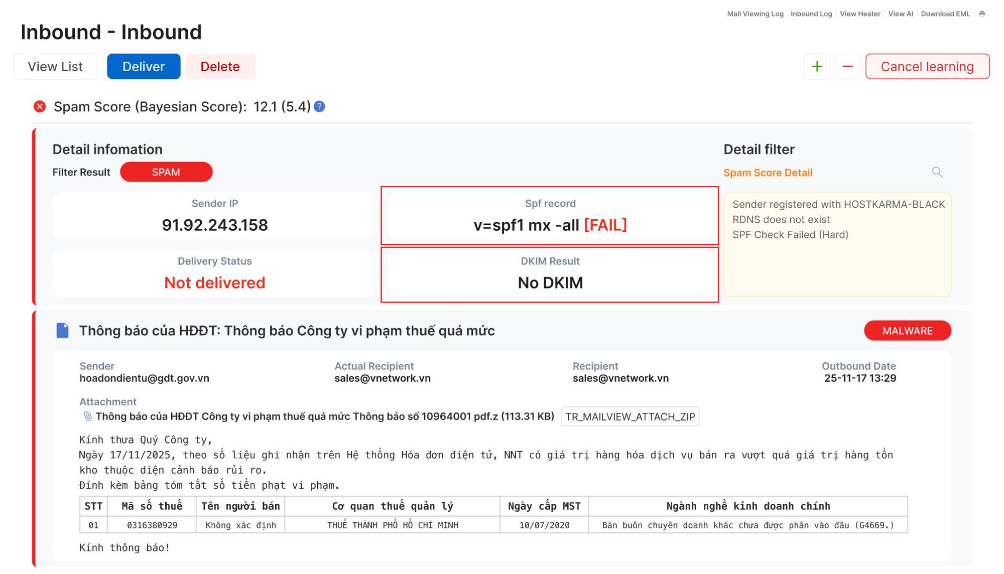 Một email mạo danh cơ quan Nhà nước